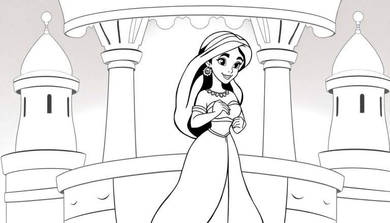 Desenho em preto e branco de uma princesa em frente a um castelo com colunas e torres. Color panel.