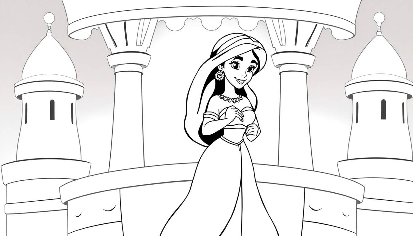 Desenho em preto e branco de uma princesa em frente a um castelo com colunas e torres. Color panel.