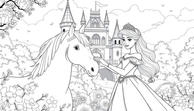 Uma princesa acariciando um cavalo branco em frente a um castelo, com flores ao redor.
