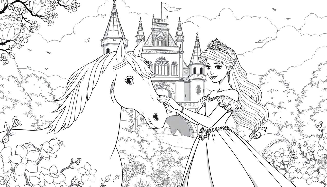 Uma princesa acariciando um cavalo branco em frente a um castelo, com flores ao redor.