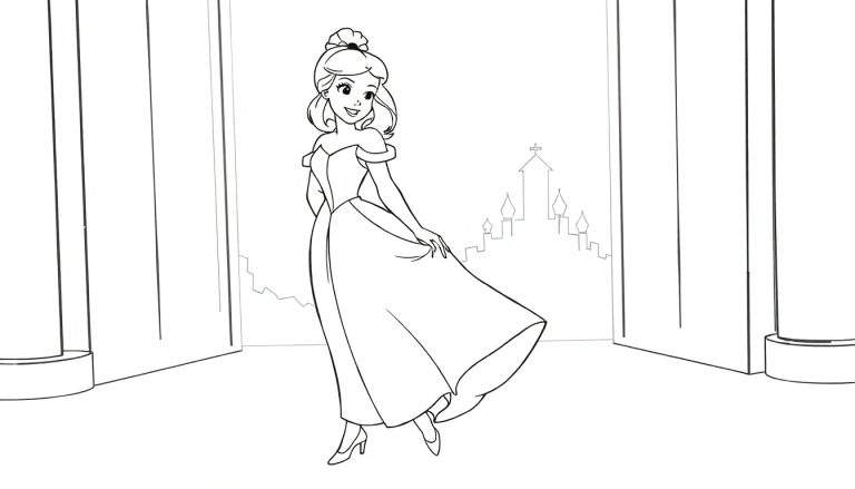 Desenho em preto e branco de uma princesa em um castelo, pronta para colorir. Um color panel perfeito para soltar a imaginação!