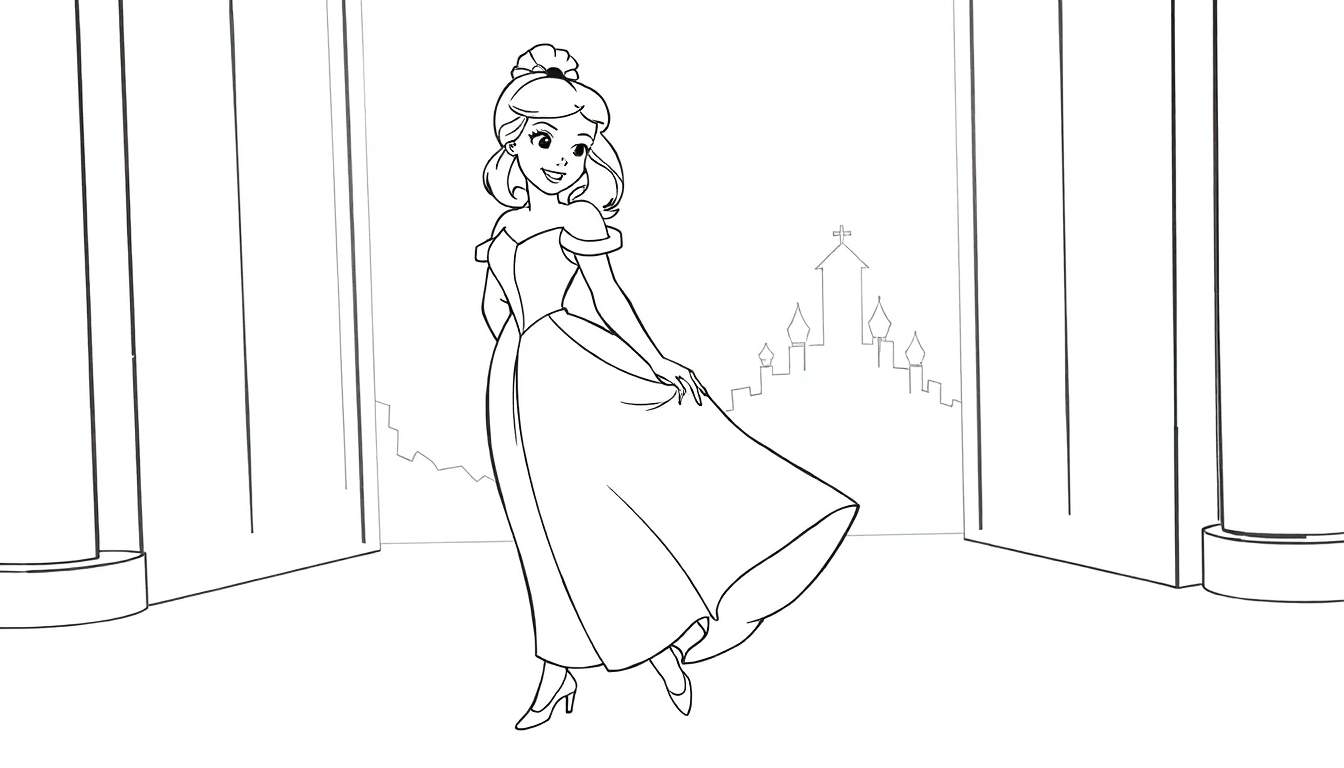 Desenho em preto e branco de uma princesa em um castelo, pronta para colorir. Um color panel perfeito para soltar a imaginação!