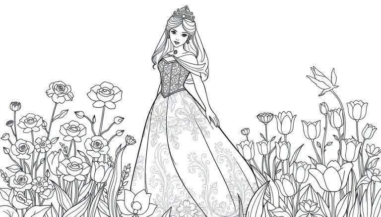 Página de colorir de uma princesa sorridente em um jardim florido com um pássaro voando.