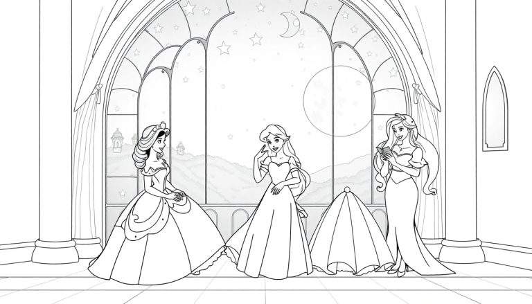 Desenho a preto e branco de Aurora, Ariel e Bela juntas, com uma janela em arco ao fundo.