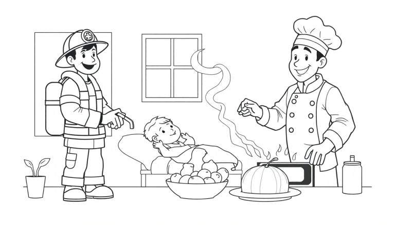 Um bombeiro, uma criança doente e um chef de cozinha em um quarto para colorir.