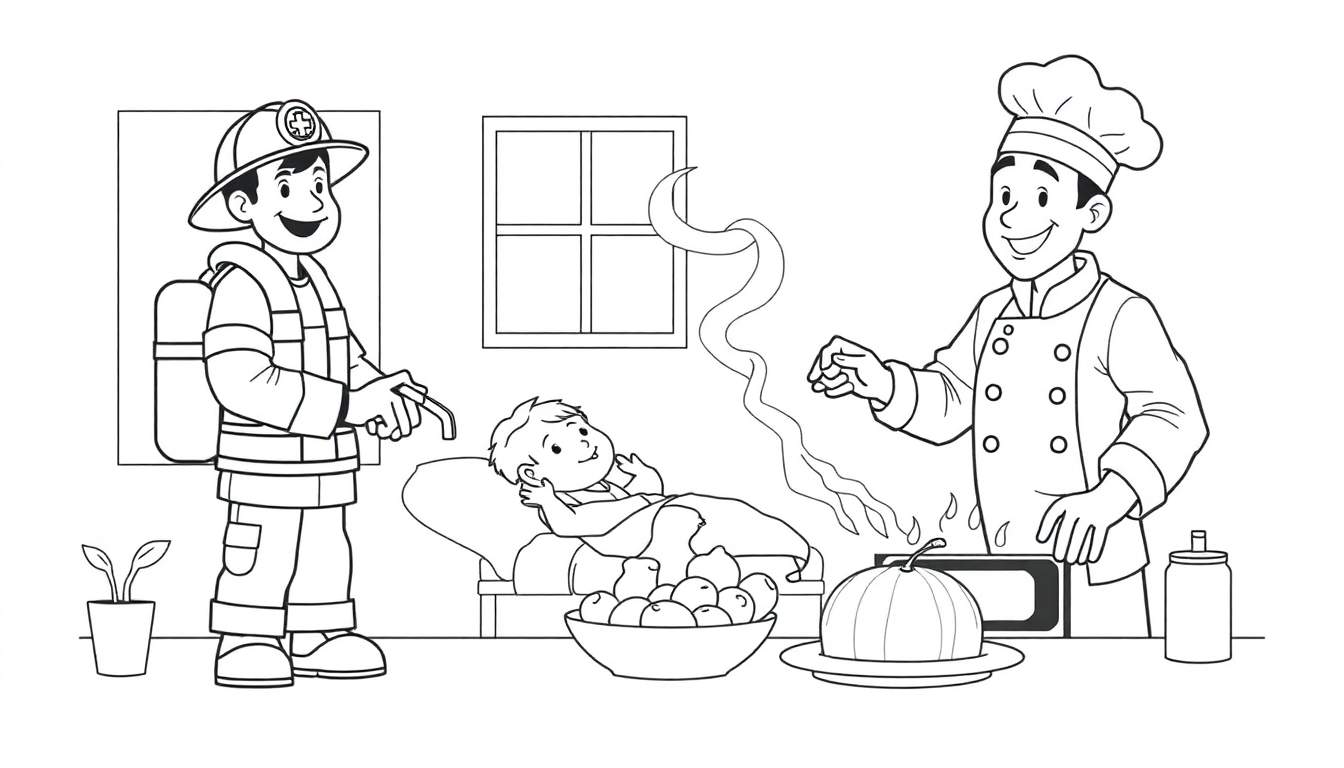 Um bombeiro, uma criança doente e um chef de cozinha em um quarto para colorir.