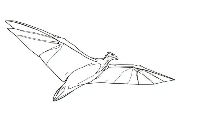 Um desenho de linha preta de um pteranodonte voando.