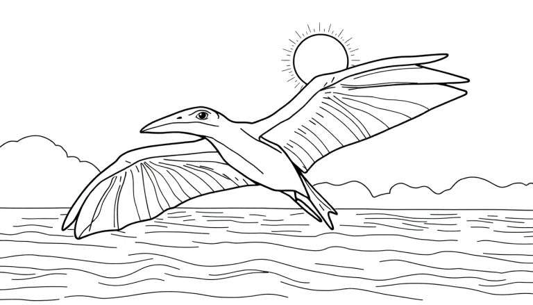 Um desenho a preto e branco de um pteranodonte gigante em voo sobre a água. Inclui o sol e montanhas ao fundo. Este color panel é ideal para colorir.