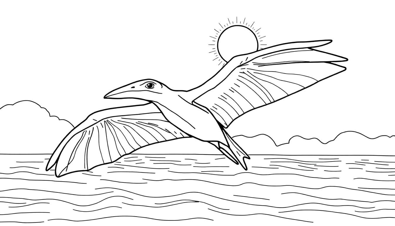 Um desenho a preto e branco de um pteranodonte gigante em voo sobre a água. Inclui o sol e montanhas ao fundo. Este color panel é ideal para colorir.