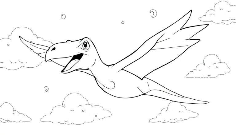 Um amigável Pteranodonte sorrindo e voando com as asas abertas contra um céu com nuvens e um crescente lunar. Um color panel pronto para ser preenchido.