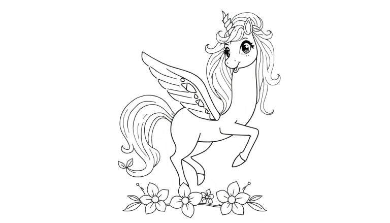 Um desenho de linha de um pégaso com asas e crina coloridas, pronto para ser pintado em um painel de cores.