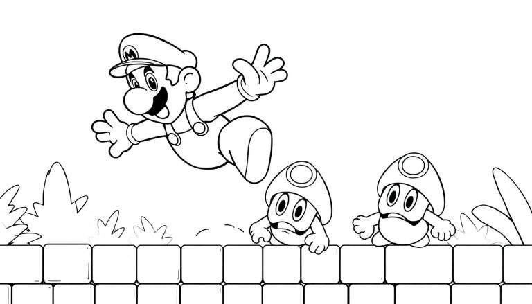 Desenho de linha em preto e branco de Mario pulando sobre Goombas em blocos, semelhante a uma página para colorir.