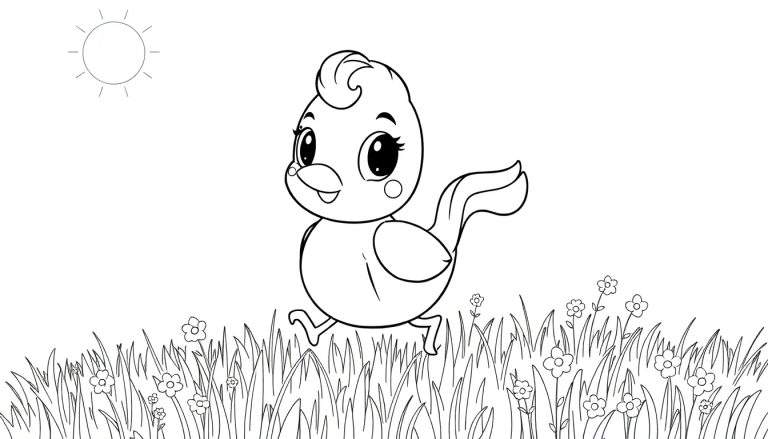 Pássaro fofo de desenho animado correndo em um campo de grama e flores, com um sol simples ao fundo. Imagem em preto e branco para colorir.