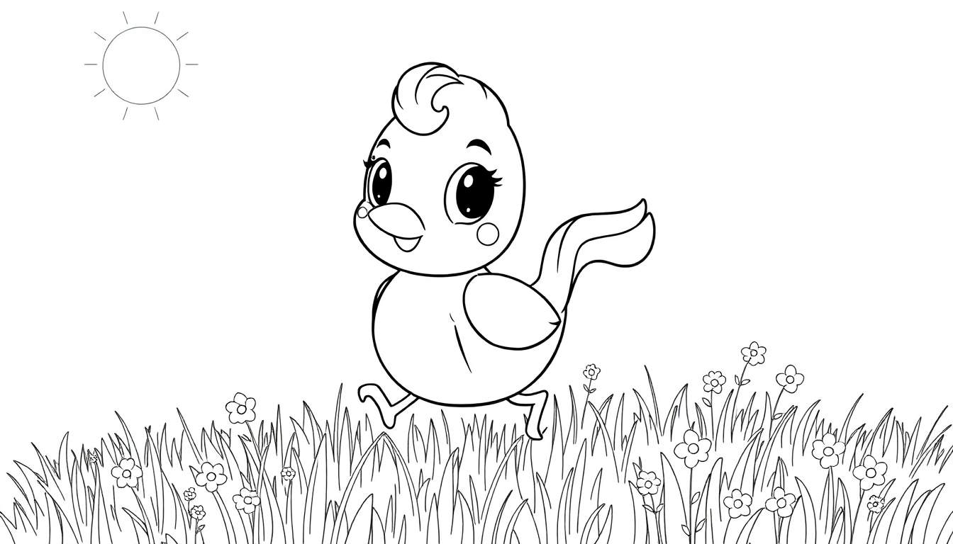 Pássaro fofo de desenho animado correndo em um campo de grama e flores, com um sol simples ao fundo. Imagem em preto e branco para colorir.