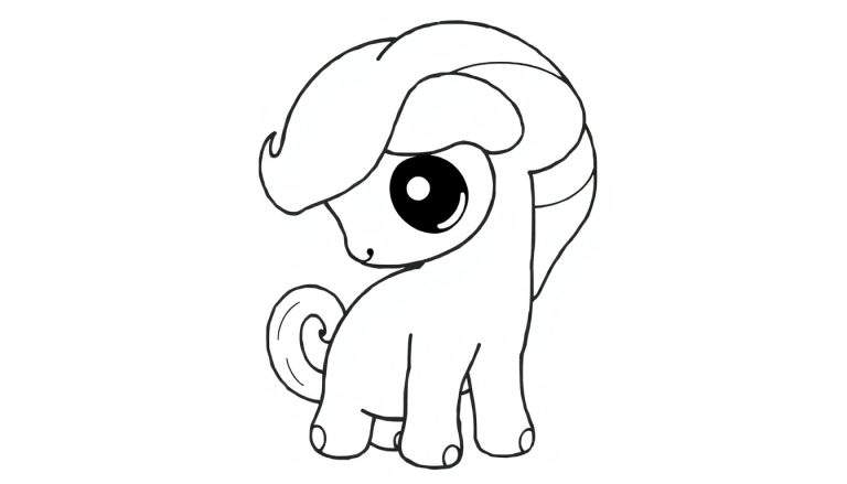 Um pônei de desenho animado preto e branco com olhos redondos grandes e uma crina encaracolada.