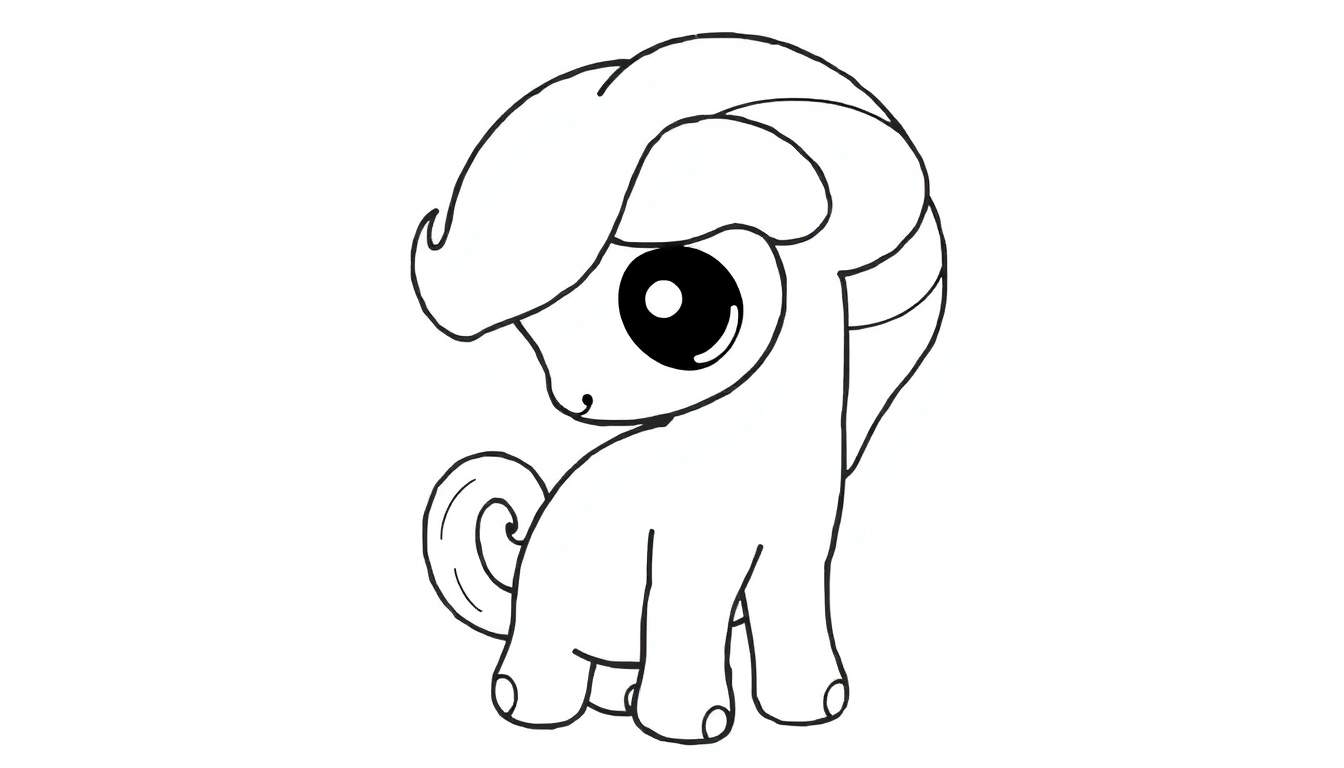 Um pônei de desenho animado preto e branco com olhos redondos grandes e uma crina encaracolada.