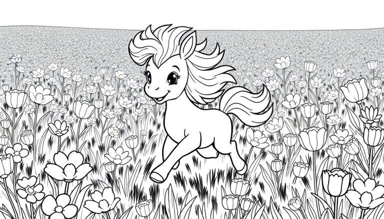 Um pequeno pônei correndo alegremente num campo florido, pronto para ser colorido no seu color panel.