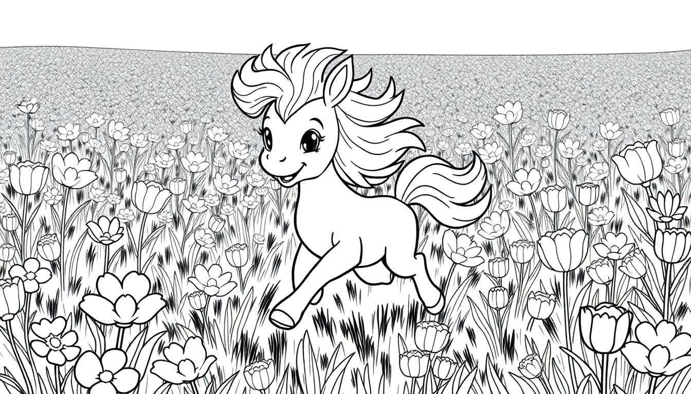 Um pequeno pônei correndo alegremente num campo florido, pronto para ser colorido no seu color panel.