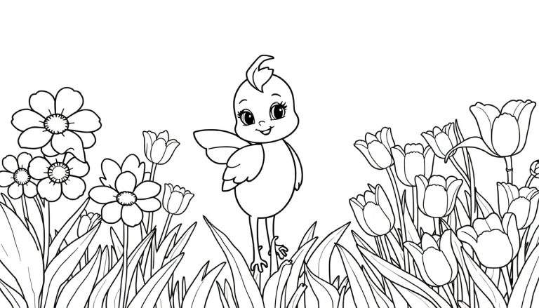Um pequeno pássaro de desenho animado em preto e branco em um campo com flores e folhas, pronto para colorir em um color panel.