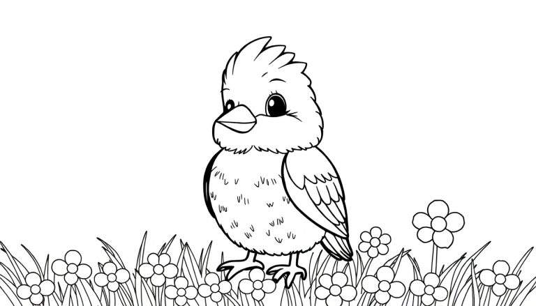 Um pássaro fofo em preto e branco com um topete e olhos grandes, em um campo de flores. Adequado para o color panel.
