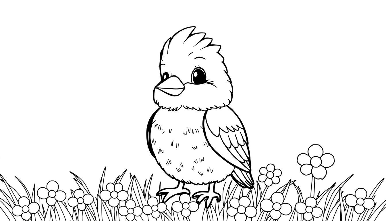 Um pássaro fofo em preto e branco com um topete e olhos grandes, em um campo de flores. Adequado para o color panel.