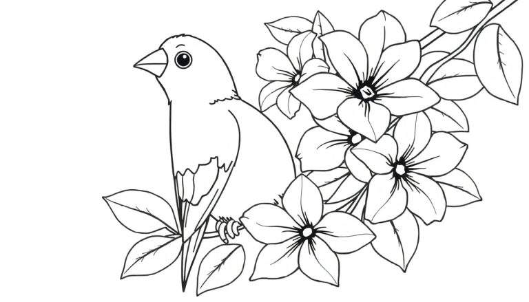 Um passarinho em um galho florido, pronto para colorir em um color panel.