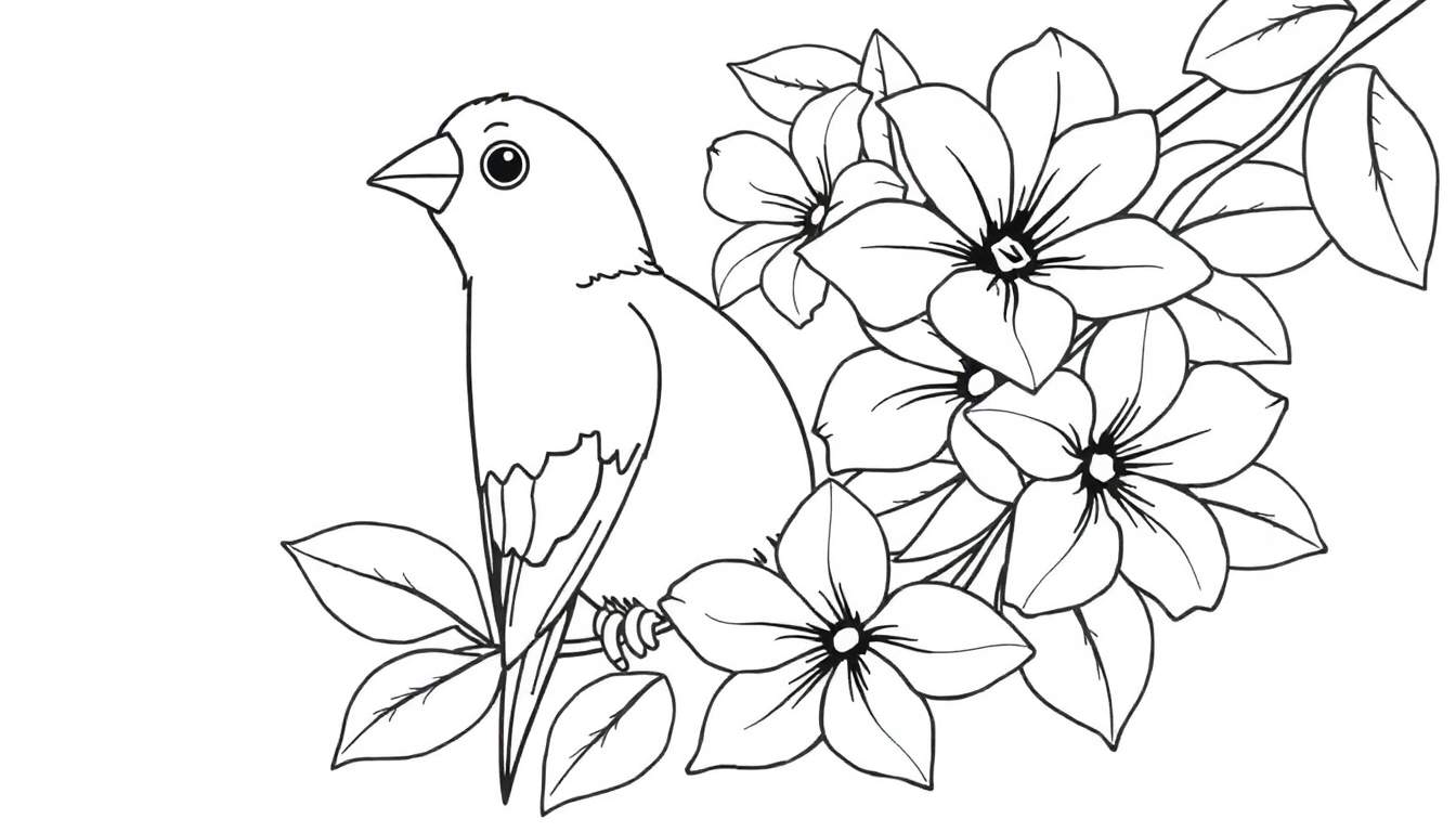 Um passarinho em um galho florido, pronto para colorir em um color panel.