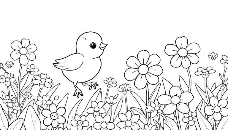 Um pequeno pássaro preto e branco caminhando em um campo de flores em preto e branco. Estilo de livro de colorir.