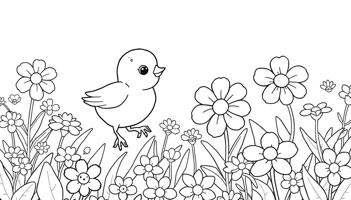 Um pequeno pássaro preto e branco caminhando em um campo de flores em preto e branco. Estilo de livro de colorir.