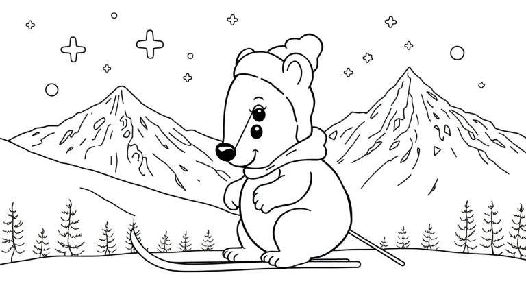 Um rato fofo em esquis, com gorro e cachecol, sorrindo numa paisagem montanhosa nevada. Um color panel perfeito para colorir.