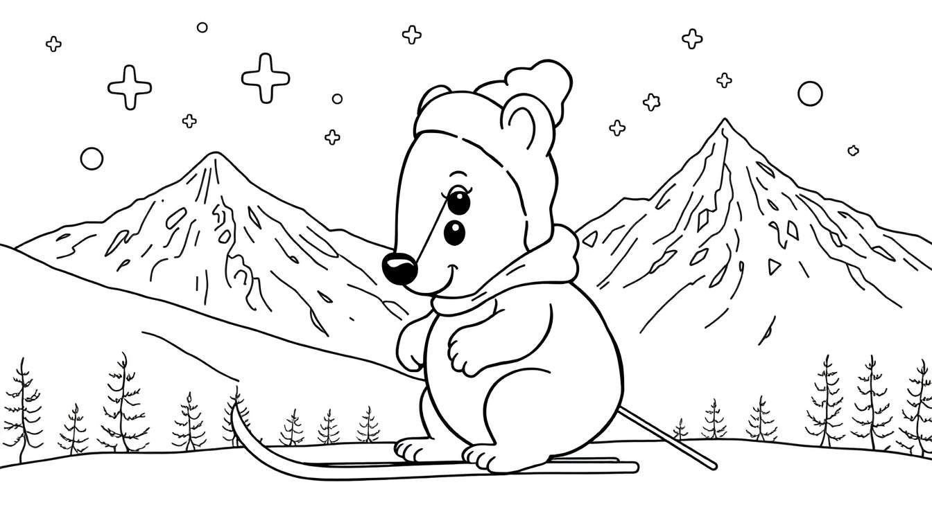 Um rato fofo em esquis, com gorro e cachecol, sorrindo numa paisagem montanhosa nevada. Um color panel perfeito para colorir.