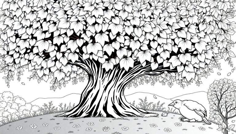 Um desenho em preto e branco de uma árvore grande e gramado com um pássaro e montanhas ao fundo. Um color panel do outono.