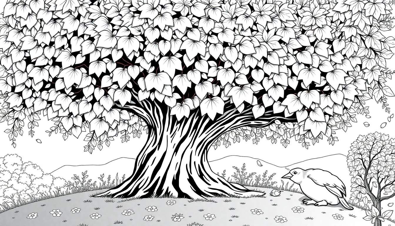 Um desenho em preto e branco de uma árvore grande e gramado com um pássaro e montanhas ao fundo. Um color panel do outono.