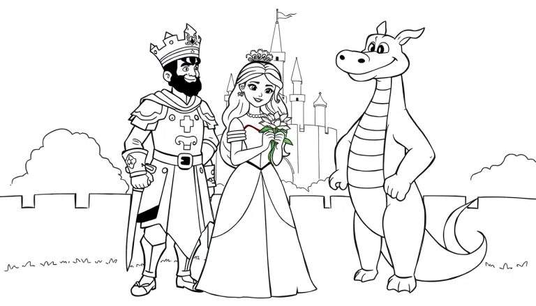 Desenho para colorir de um rei, princesa e dragão sorrindo em frente a um castelo.