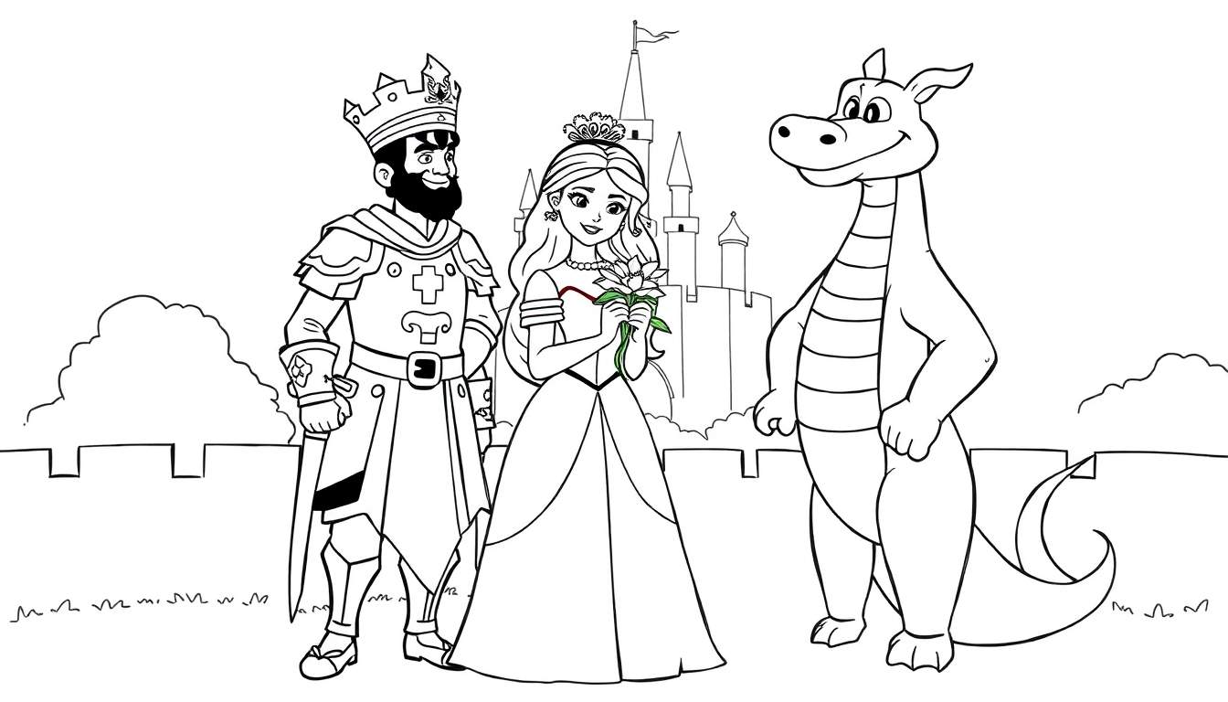 Desenho para colorir de um rei, princesa e dragão sorrindo em frente a um castelo.