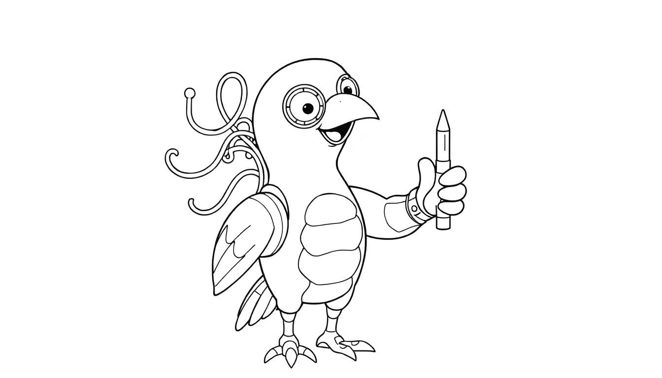 Um adorável personagem de desenho animado, um híbrido de pássaro e robô, sorrindo e segurando um lápis, com olhos de engrenagem e antenas onduladas.