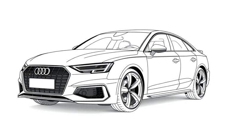 Um desenho em estilo de linha de um carro Audi, pronto para ser colorido, com um color panel visível.