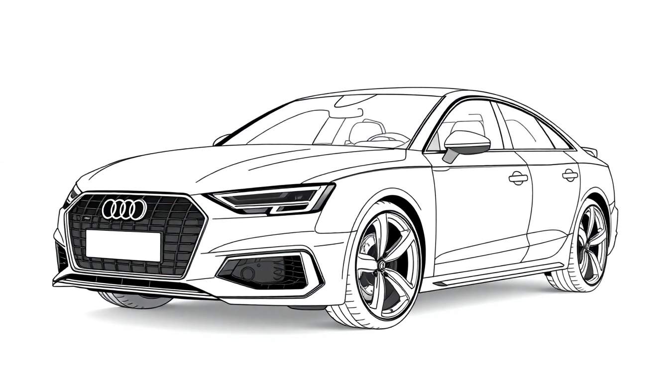 Um desenho em estilo de linha de um carro Audi, pronto para ser colorido, com um color panel visível.