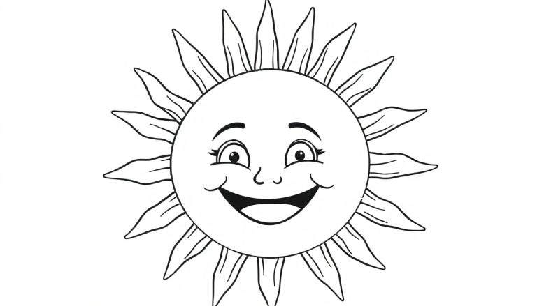 Um sol sorridente em preto e branco com raios pontudos, pronto para colorir. Um color panel perfeito para um dia divertido.