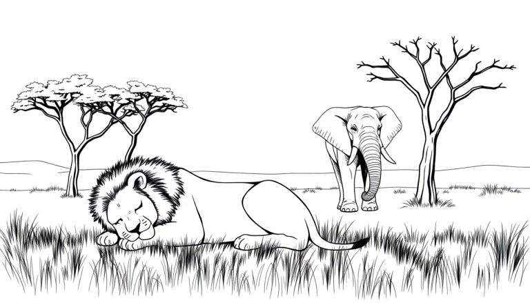Um leão a dormir na savana africana, com um elefante ao longe. A cena é em preto e branco e pronta para colorir com um color panel.