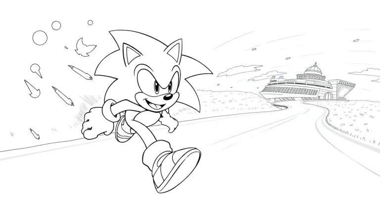 Sonic correndo em uma estrada futurista, com um prédio de cúpula ao fundo.