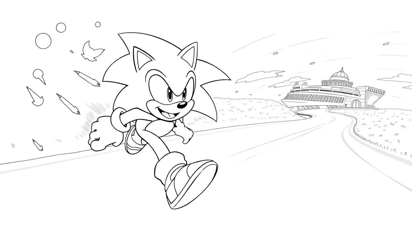 Sonic correndo em uma estrada futurista, com um prédio de cúpula ao fundo.
