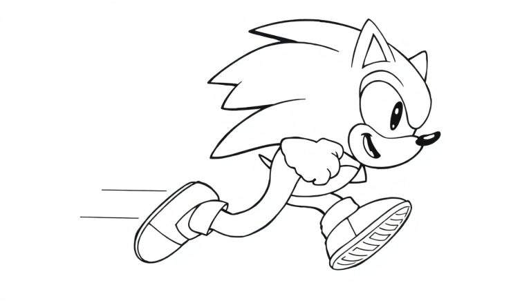 Desenho linear de Sonic the Hedgehog correndo, pronto para colorir. O color panel mostra Sonic em alta velocidade.