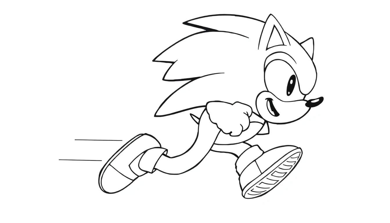 Desenho linear de Sonic the Hedgehog correndo, pronto para colorir. O color panel mostra Sonic em alta velocidade.