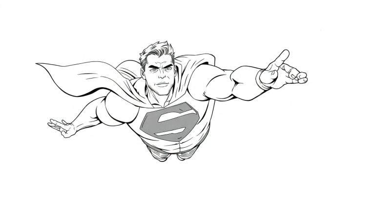 Desenho em preto e branco do Super-Homem voando com a capa ondulando.