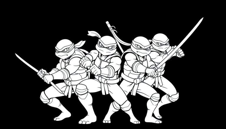 As Tartarugas Ninja em posições de combate em um color panel preto e branco.