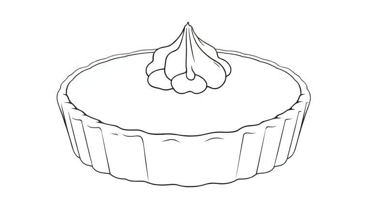 Desenho em preto e branco de uma fatia de torta com bordas caneladas e um recheio liso, com uma espiral de cobertura decorativa no centro.