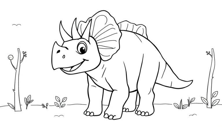 Desenho de um Triceratops sorrindo para colorir, em estilo infantil, com chifres e gola óssea, em um cenário simples com árvores e arbustos.