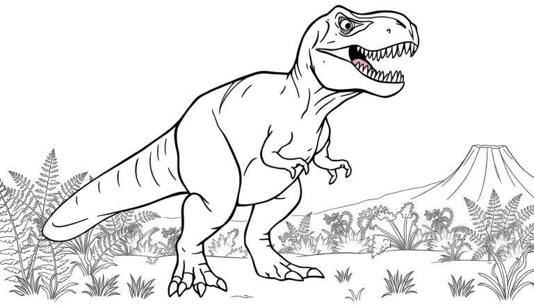 Um Tiranossauro Rex em preto e branco, pronto para ser colorido, com um fundo de selva e vulcão.