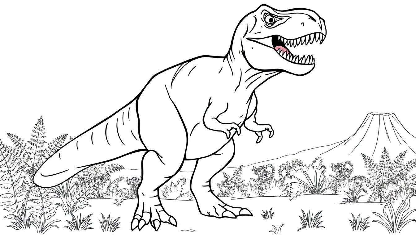 Um Tiranossauro Rex em preto e branco, pronto para ser colorido, com um fundo de selva e vulcão.